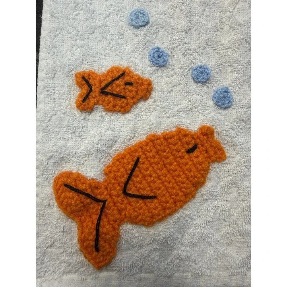 Vintage Crochet Goldfish Bath Towel Set 3pc Handmade Mid Century Kitsch Decor